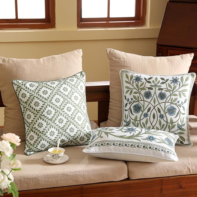 ISAENNE Design Fresh Linen Square Throw Pillow Covers 18"x18" Pack of 2, French White Cottage Cushion Covers with Green Branches Pattern Decoration Pillowcases for Bed,Living Room,Outdoor,Car