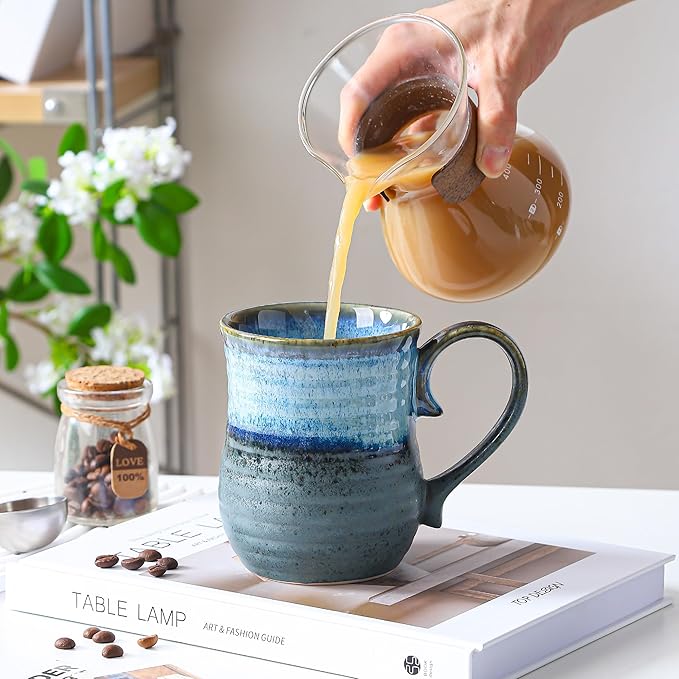 21 oz Large Ceramic Coffee Mugs, Handmade Cup with Large Handle, Big Tea and Coffee Cups for Office and Home, Microwave and Dishwasher Safe (Blue Grey)