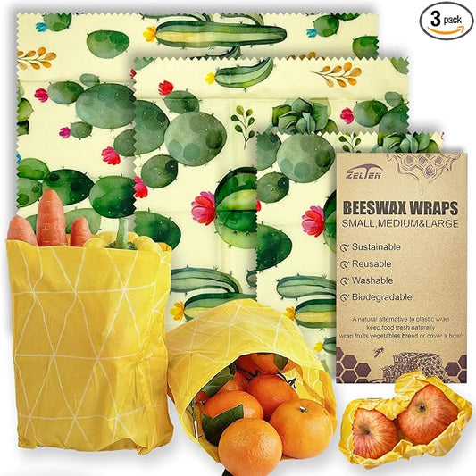 Zelten Beeswax Reusable Food Wraps - (3 Packs, 3 Sizes S,M,L) Plastic and Silicone Free, Eco-friendly Wrap, Wax Paper for Food,Cactus