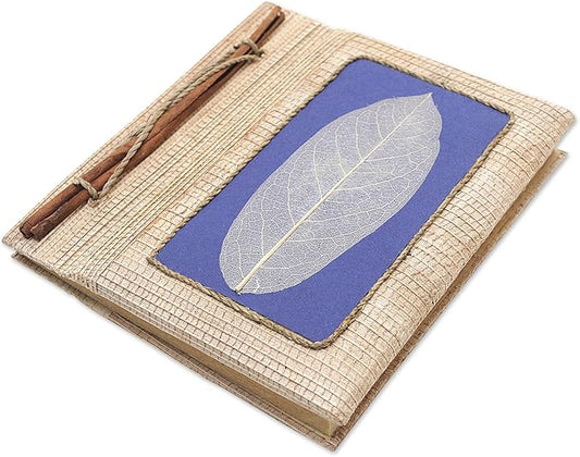 NOVICA Blue Multicolor Natural Fiber Paper Eco-Friendly Journals from Indonesia 'Blue Leaf'