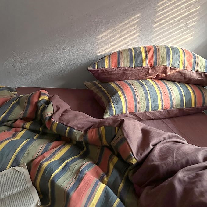 mixinni Vintage Striped Duvet Cover Set Queen Size - 3 Piece 100% Washed Cotton Bedding Set, Soft & Breathable, Colorful Striped Pattern Printed Comforter Cover for All Seasons