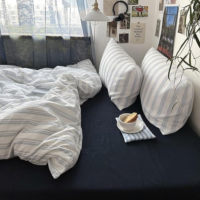 mixinni Vintage Blue & White Striped Duvet Cover Set - 3 Piece 100% Washed Cotton Twin Size Bedding | Minimalist Relaxed Style | Ultra Soft Breathable, with Zipper Closure & Corner Ties-Twin Size
