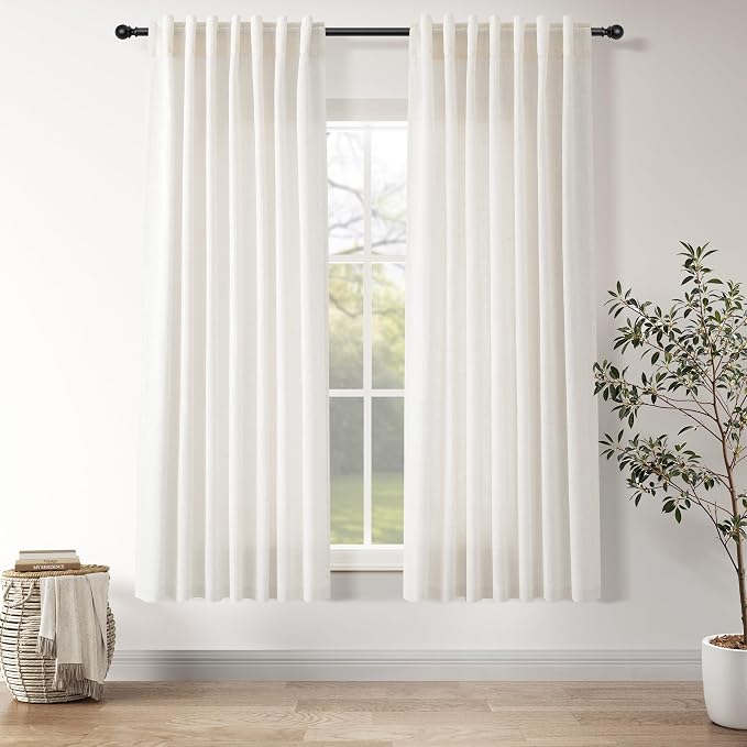 Nanspring Ivory White Linen Curtains 63 Inches Long for Living Room Back Tab Pocket Natural Light Filtering Privacy Translucent Ivory White Cotton Texture 52X63, 2 Panels