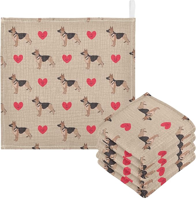 Baby German Shepherd Dog Heart Msulin Washcloths Newborn Face Towel - Baby Muslin Burp Cloths 5 Pack Soft Absorbent Natural Cotton Wash Towel 11.8"X11.8" Baby Bath Towels Wipes