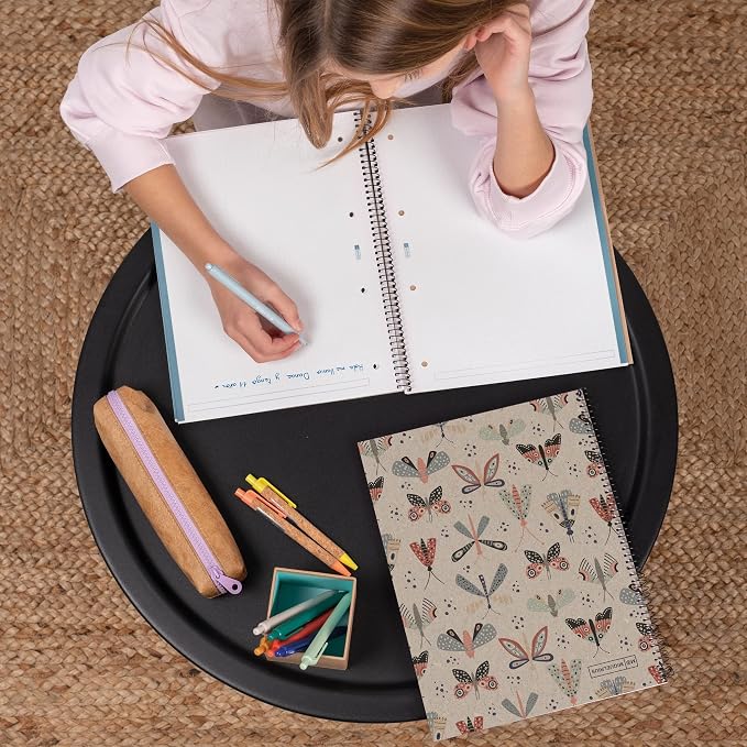 Miquelrius - 100% Recycled Notebook Notebook, 1 Colour Stripe, A4, 80 Sheets of 5 mm, 80 g Paper, 4 Drills, Recycled Cardboard Cover, Eco Butterfly Design