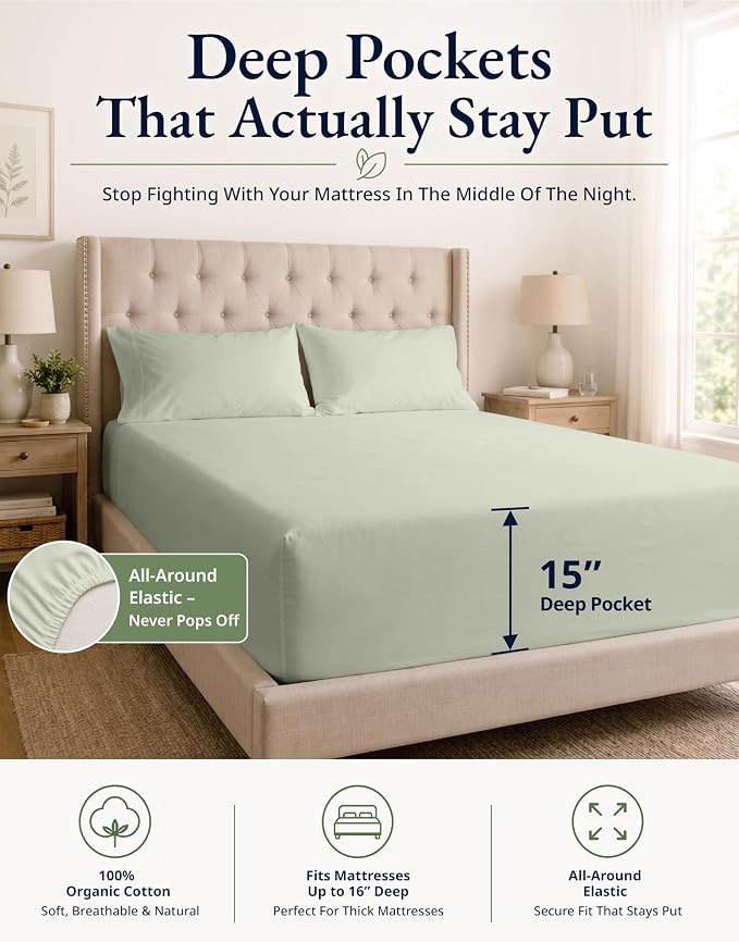 LANE LINEN Twin XL Fitted Sheet, 100% Organic Cotton 2-Piece Set (1 Fitted Sheet, 1 Pillowcase), Percale Weave, Bottom Sheet, Soft, Breathable, Fits Mattress Upto 15" Deep - Mineral (No Flat Sheet)