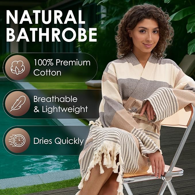 ATANI 100% Turkish Cotton Bathrobe S-XXL for Women & Men – Peshtemal Style Soft Cozy Lounge Robe, Absorbent & Lightweight