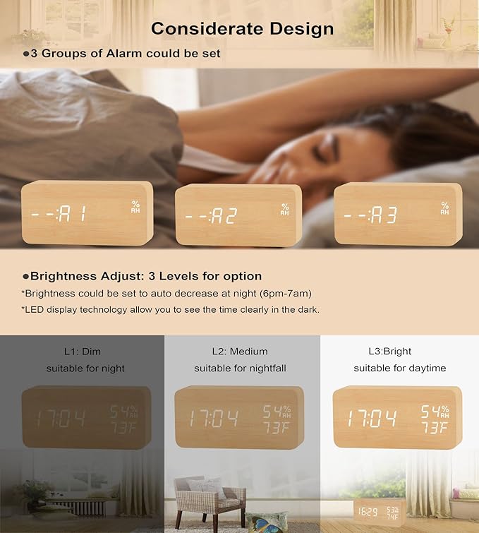 Alarm Clock Wooden Digital Clock Modern Decorative Electronic LED Desk Clock Display Time Date Temperature Humidity 3 Alarms Brightness Adjustable for Home Office Bedroom(Beige,White)