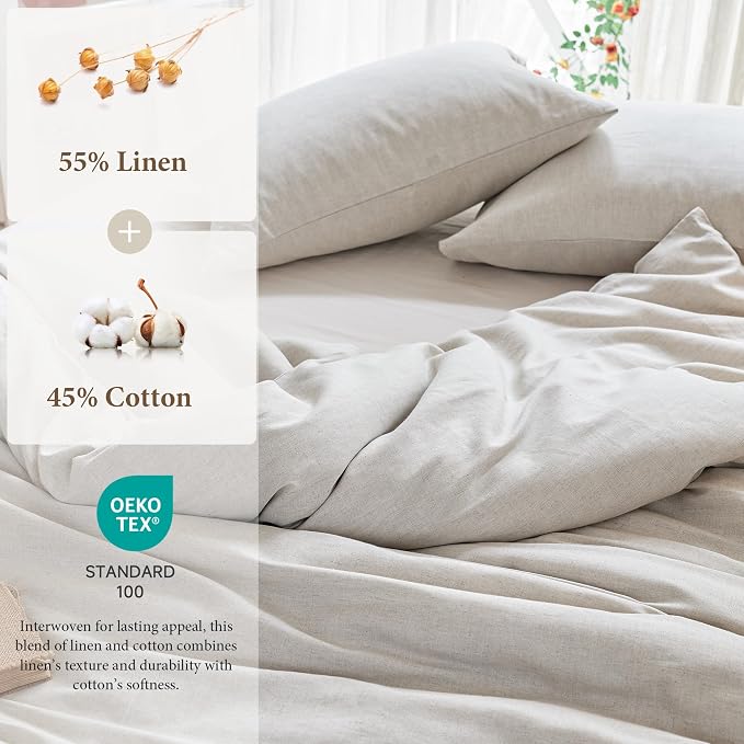 Simple&Opulence Linen Duvet Cover Set King Size - French Linen Cotton Woven Blend in Natural Beige, 3 Pieces (1 Comforter Cover 104x92” + 2 Pillowcases), Soft & Breathable All-Season Farmhouse Bedding