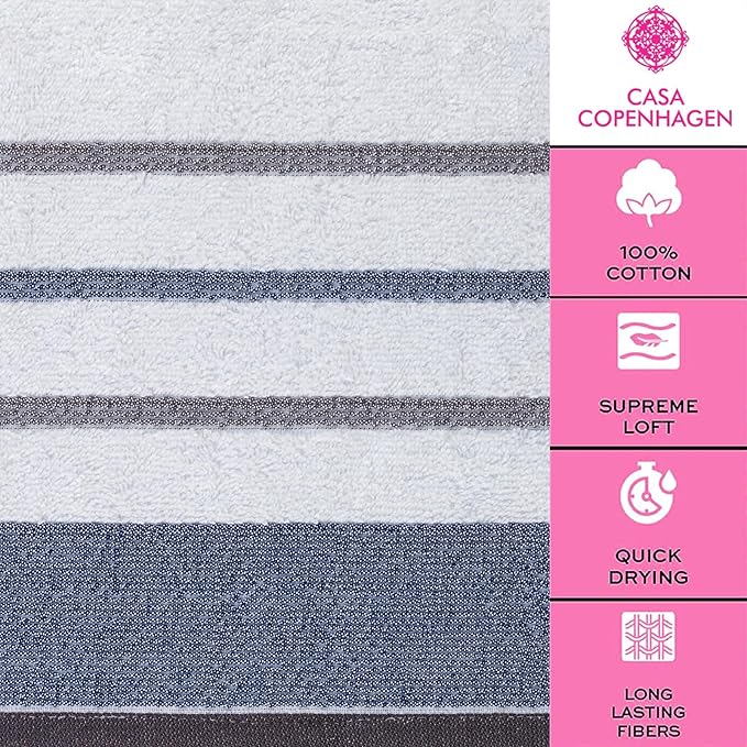 CASA COPENHAGEN White Bay 2Pcs 100% Egyptian Cotton Large Designer Bathsheet Towels Gift Set- Grey - Blue, 600GSM, 35"x70" 2Bath Sheet Towels for Bathroom (Gift Set for Women & Men)