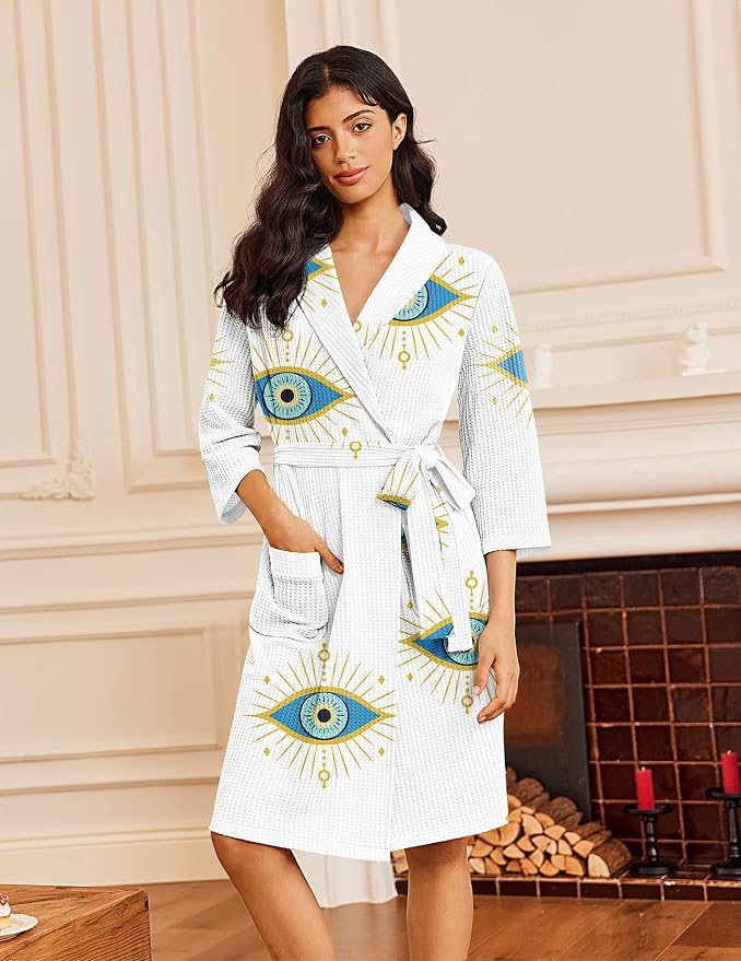 Ekouaer Robes for Women Waffle Knit Bathrobe Lightweight Kimono Robe Knee Length Loungewear with Pockets