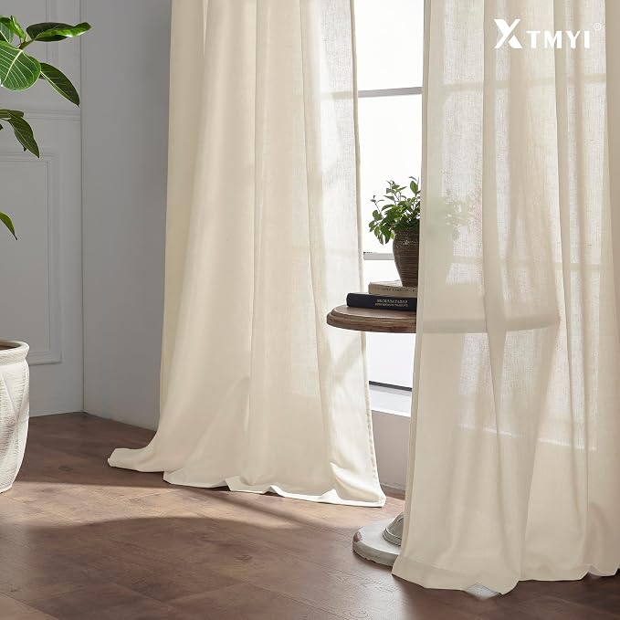 XTMYI 63 Inches Long Beige Country Curtains for Living Room,Sheer Linen Curtains for Bedroom
