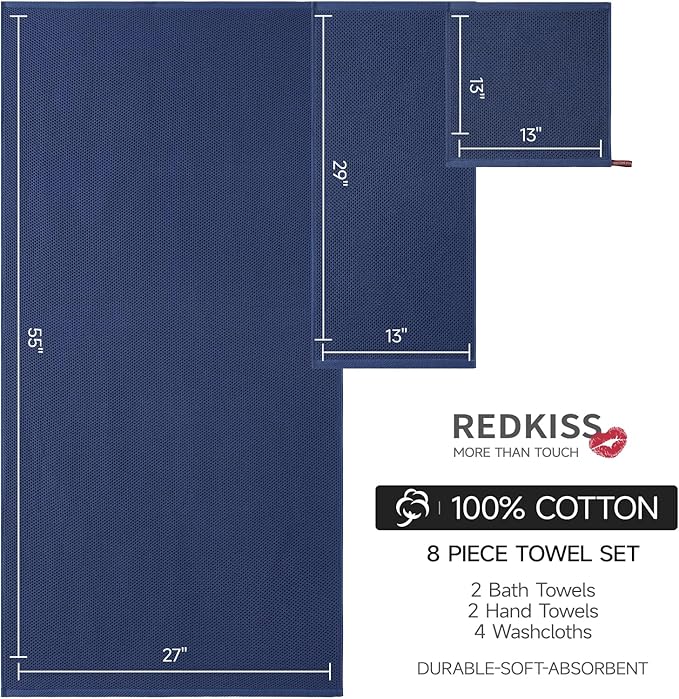 REDKISS Quick Dry Waffle Towel Set of 8, 100% Cotton,Lightweight & Highly Absorbent Waffle Towels for Bathroom, Spa, Gym, Pool-2 Bath Towels, 2 Hand Towels & 4 Washcloths,Blue