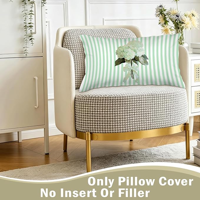 Cottagecore Mint Green Hydrangea Floral 12x20 Pillow Cover, Preppy Girly Bow Botanical Flower Green Striped Decorative Lumbar Pillow Cover for Girls Room Dorm Bedroom Living Room Home
