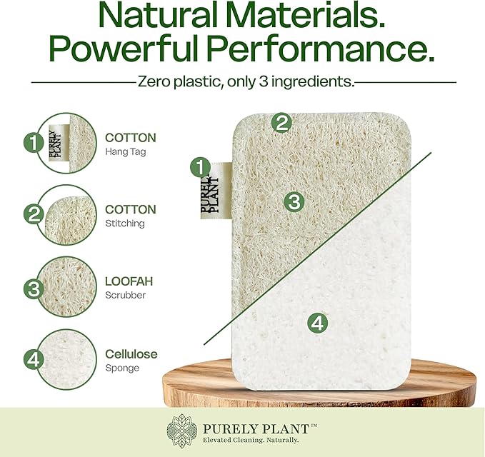 Purely Plant Loofah Dish Sponge 4 Pack– Loofah & Cellulose Premium Kitchen Scrubber, Non Toxic, 100% Plastic Free,Compostable & Biodegradable,Durable, Non-Scratch Scouring Luffa for Dishes, Sink&Tile