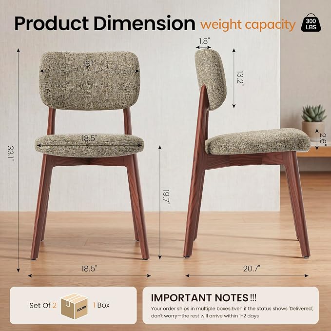 COLAMY Dining Chairs Set of 2, Modern Upholstered Kitchen Room Chairs with Solid Red Oak Wood Legs, 5-Min Easy Assembly Anti-Wobble, High-Weight Fabric Farmhouse Side Chair, 300lbs,Walnut,Brown