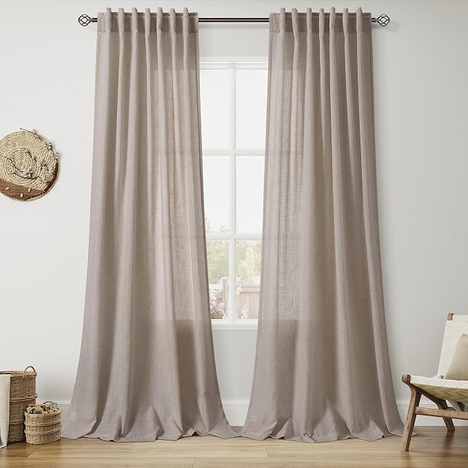 Ecru Linen 112 Inch Curtains for Living Room Light Filtering Semi Sheer Curtain Back Tab Rustic Farmhouse Decor Burlap Elegant Soft Drapes Floor to Ceiling High Window for Bedroom 52x112, 2 Panels