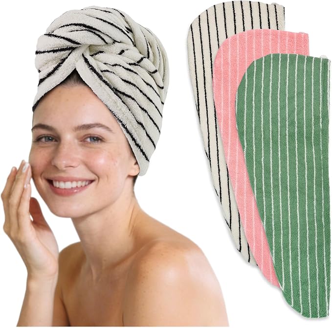 Jacquotha Cotton Hair Towels Wrap for Women, 3 Pack (Black, Pink, Green) – Quick Drying Hair Turban Towel for Wet Hair, 25” x 9.5”, Shower Spa Travel