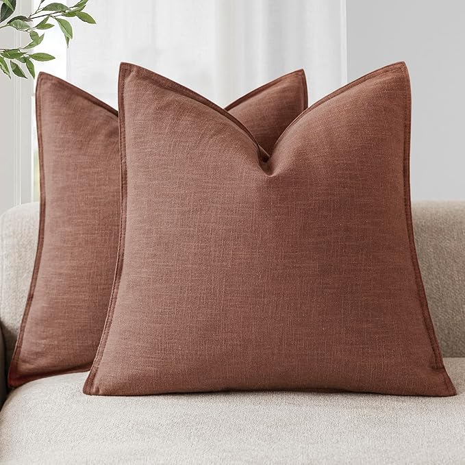 Foindtower Pack of 2, Decorative Linen Soild Throw Pillow Covers Soft Accent Euro Cushion Case Boho Farmhouse Pillowcase for Chair Couch Sofa Bedroom Living Room Home Decor 22 x 22 Inch Rust Red