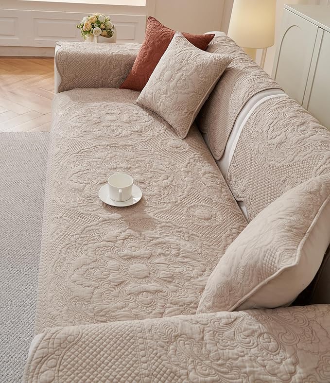 vctops Boho Cotton Quilted Couch Cover Soft Embroidered Sofa Cover Non-Slip Dog Bed Cover Scalloped Sofa Slipcover Washable Furniture Protector Cover (Khaki,43"x94")