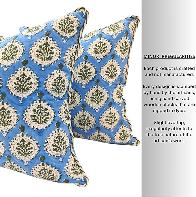 ATOSII Block Print Throw Pillow Covers, 20" X 20" - Set of 2, Decorative Couch Pillows for Living Room Bed Sofa, 100% Cotton Canvas Pillow Case for Home Decor & Outdoors, Preppy Throws - Kari Blue