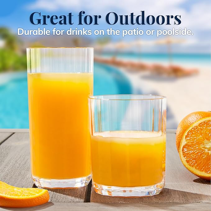 US Acrylic Faceted Clear Plastic Reusable Drinking Glasses Set of 8, 14oz Rocks and 18oz Water Tumblers, BPA-Free, Made in USA, Top-Rack Dishwasher Safe