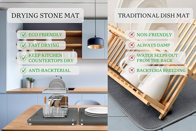 KOANEssentials Stone Dish Drying Mats for Kitchen Counter, Heat Resistant, Fast Dry, Super Absorbent Dish Drying Mats, Eco-Friendly Diatomaceous Earth Mat, Sand Tools included (16x12 Inch,Grey) 2 Pack
