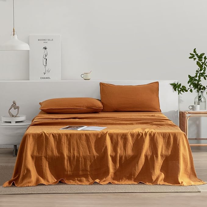 EVERLY Linen Sheets Set California King Size,100% French Stonewash Linen Sheets Set,4Pieces (1Flat Sheet,1Fitted Sheet,2Pillowcase) Suitable for Hot Sleepers,Deep Pocket Natural Bedding Set-Caramel
