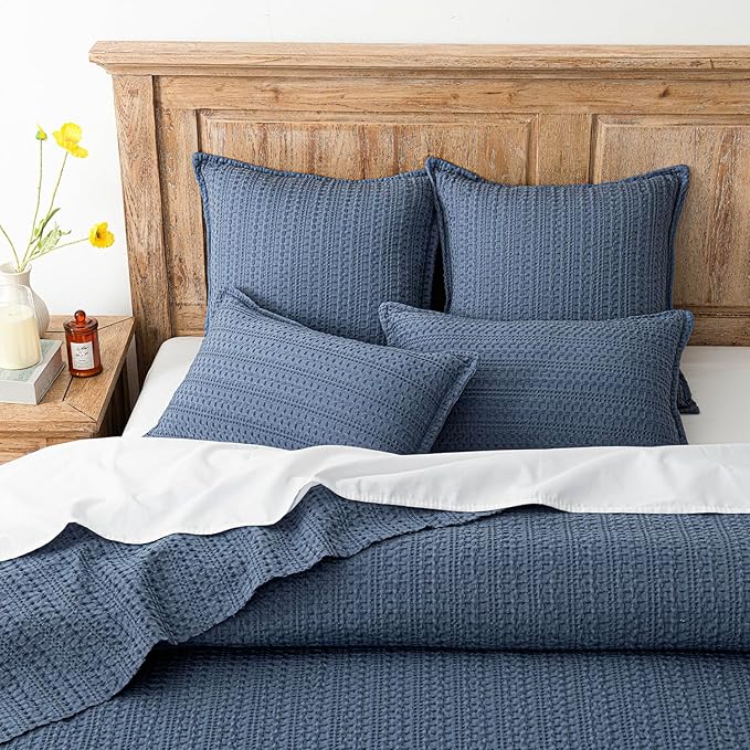 Foindtower Set of 2 Decorative Cotton Waffle Weave Throw Pillow Covers Euro Shams Cushion Covers Accent European Pillowcase for Bed Couch Sofa Bedroom Living Room Home Decor 22×22 Inch Blue