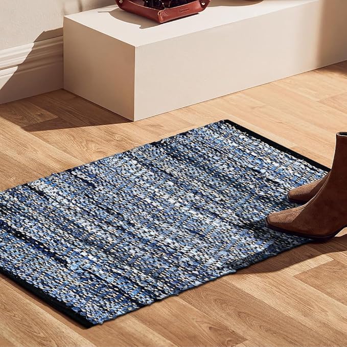 Hand Woven Area Rug Jute Denim 2x3 Feet - Rustic Farmhouse Bohemian Accent Rug for Living Room Bedroom Kitchen Entryway Floor Mats Anti Skid - Ideal for High Traffic Areas Rag Rug