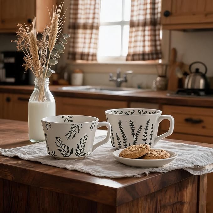4 Pack Speckled Ceramic Coffee Mugs, 12oz Vintage Green Fern Leaf Large Tea Cups, Rustic Handmade Style Drinking Mugs for Coffee Tea Cocoa Milk, Dishwasher Microwave Safe, Housewarming Gift Set