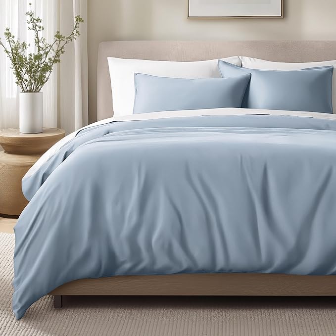 Bare Home 100% Organic Cotton Sateen Duvet Cover Set - Extra Long Size - 400 Thread Count - Smooth Sateen Weave - Warm & Luxurious - Duvet Cover (Twin/Twin XL, Dusty Blue)