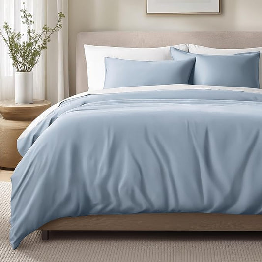 Bare Home 100% Organic Cotton Sateen Duvet Cover Set - 400 Thread Count - Smooth Sateen Weave - Warm & Luxurious - Duvet Cover (King/Cal King, Dusty Blue)