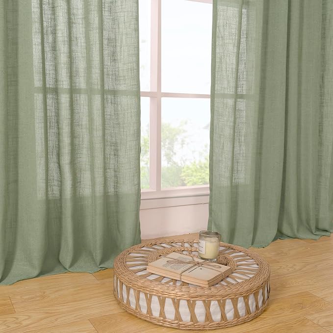 LAMIT Linen Semi Sheer Curtains 48 Inch for Bedroom, Light Filtering Neutral Window Curtains Farmhouse Boho Back Tab and Rod Pocket Panels, Sage Green, 2 Panels, 52 x 48 Inch