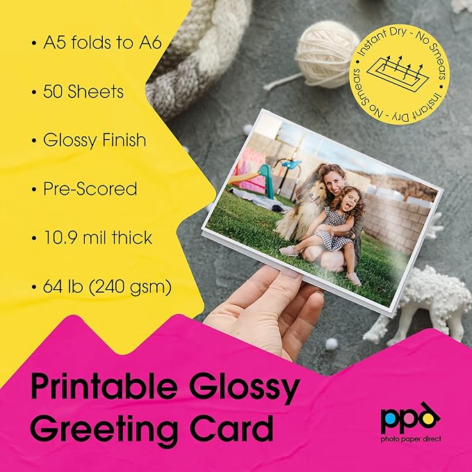PPD Greeting Card Paper, Printable Greeting Cards for Inkjet Printer, 8.5 x 11 Blank Half Fold to 5.5 x 8.5 Custom Cards for Birthday, Wedding, Invitations, Thank You Note, Instant Dry (50 Sheets)