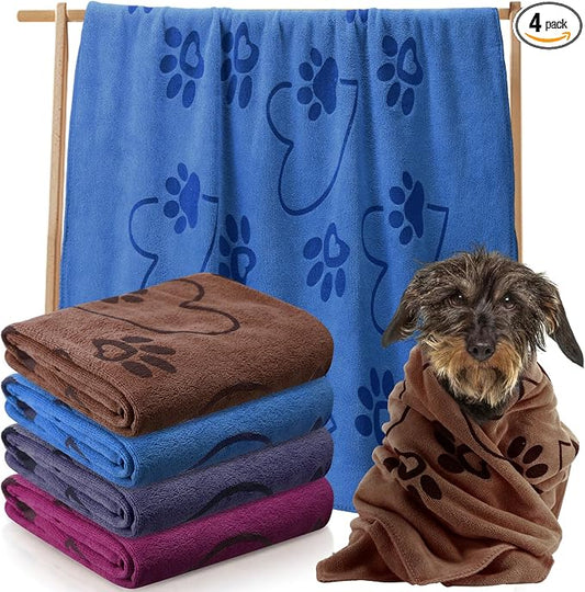 Fanfanwin 4 Pcs Dog Bath Towels Microfiber Drying Dog Towel Absorbent Pet Heart Paw Towels for Medium Dogs Puppy Cats Pets Shower(Gray, Brown, Blue, Wind Red)