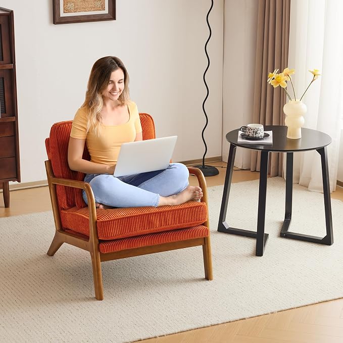 Karl home Mid-Century Modern Accent Reading Chair, Orange | Corduroy Upholstered, Solid Wood Frame, Soft Cushion, Lumbar Pillow, Lounge Armchair for Living Room, Bedroom, Balcony, Study