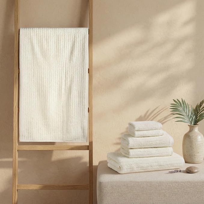 BIOWEAVES 100% Organic Cotton 6-Piece Luxury Bathroom Ribbed Towel Set GOTS Certified 700 GSM, 2 Bath Towel, 2 Hand Towel & 2 Wash Cloths - Ivory