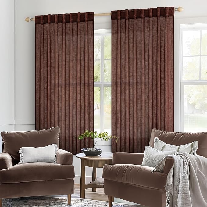 MIULEE Chocolate Brown Linen Curtains 63 Inch Length 2 Panels for Bedroom Living Room, Soft Thick Linen Textured Kitchen Window Drapes Semi Sheer Light Filtering Back Tab Rod Pocket Burlap Look Decor