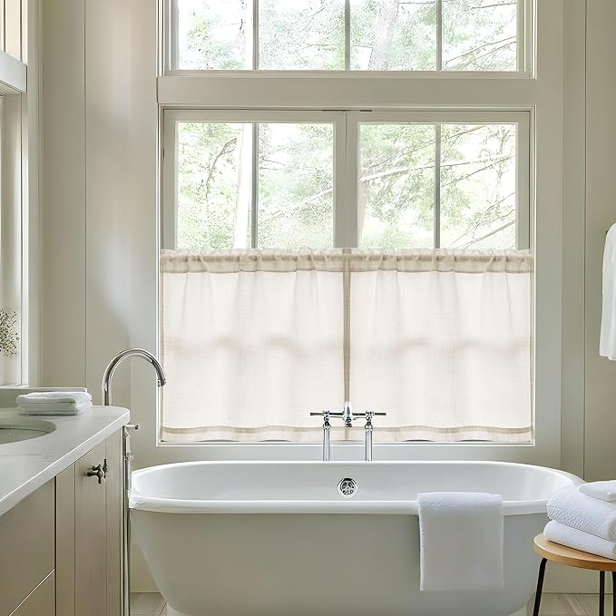 Natural Linen Kitchen Window Curtains Over Sink 36 Inch Length for Farmhouse Cafe Bathroom Small Window Drapes Cream Semi Sheer Light Filtering Privacy Small Curtains W34xL36