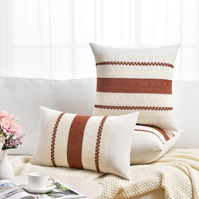 Fancy Homi Set of 2 Rust Boho Long Lumbar Decorative Throw Pillow Cover 12x24 Inch for Couch Bed Sofa, Aesthetic Modern Organic Fall Room Decor, Soft Cotton Cute Terracotta Farmhouse Cushion Case