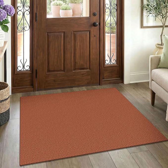EARTHALL Woven Area Rug 3x4 Ft Washable Rugs for Entryway Braided Non Slip Rubber Backed Throw Rugs Door Mat Indoor Outdoor Entrance Cotton Carpet for Kitchen Foyer Front Door, Rustic Orange/Tan