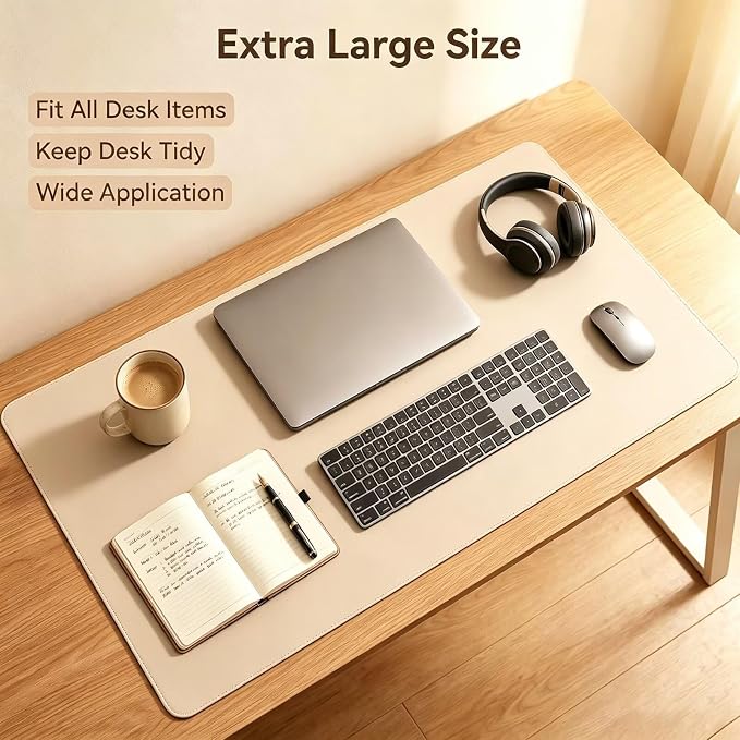Leather Desk Mat, Large Mouse Pad Scratch and Water Resistant, Easy to Clean, Desk Pad for Office and Home, 15.5” x 37.5” - Beige