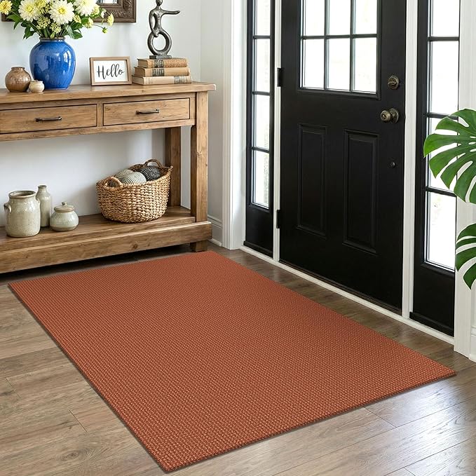 EARTHALL Woven Area Rug 4x5 Ft Washable Rugs for Entryway Non Slip Braided Throw Rugs Bedroom Carpet Cotton Entry Rug Cotton Floor Carpets for Bedroom Dining Room Living Room, Rustic Orange/Tan