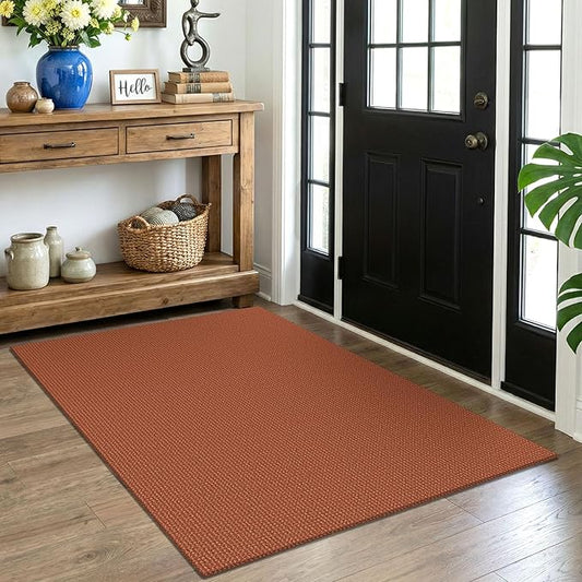 EARTHALL Woven Area Rug 4x5 Ft Washable Rugs for Entryway Non Slip Braided Throw Rugs Bedroom Carpet Cotton Entry Rug Cotton Floor Carpets for Bedroom Dining Room Living Room, Rustic Orange/Tan