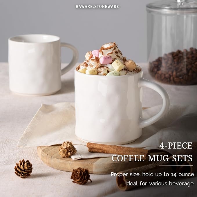 HaWare 14OZ Coffee Mugs Set of 4, Stoneware Coffee Cups with Handle, Latte Mug for Man, Woman, Dad, Mom, Modern Tea Mugs for Latte/Cappuccino/Cocoa/Milk, Dishwasher& Microwave Safe, Speckled White