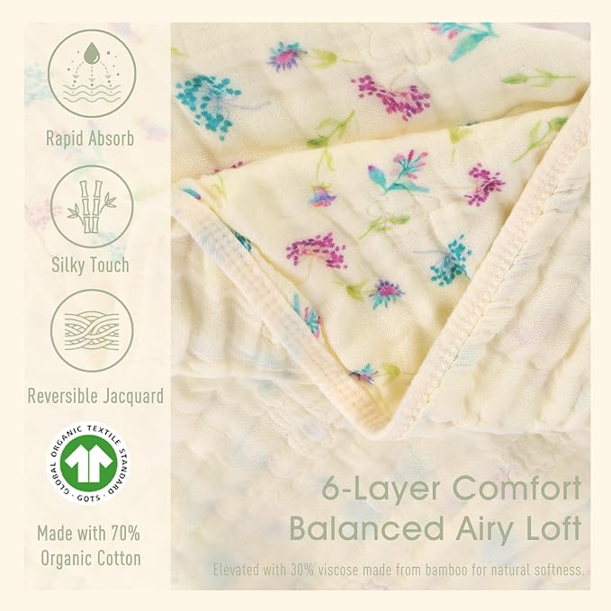 Muslin Baby Hooded Towel, Wildflower Floral, 32"x32" | 70% Organic Cotton & 30% Viscose from Bamboo, 6-Layer Fabric, Soft for Bath & Beach, Eco Kraft Gift Box