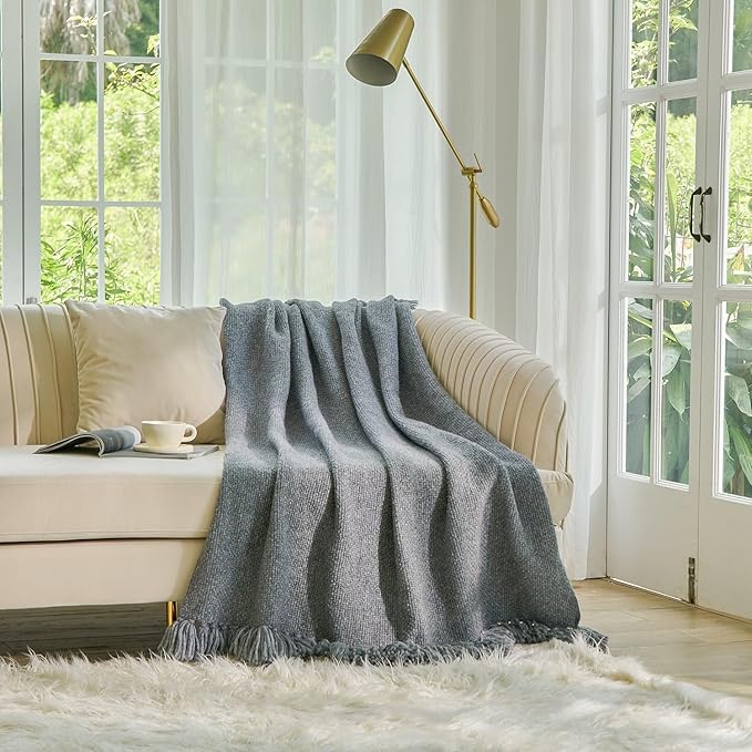 Esterra Luxury Alpaca Blanket Throw with Elegant Hand-Knotted Tassels, Cozy, Warm, and Hypoallergenic Alpaca Merino Wool Throw Blanket for Couch, Bed and Home Décor, Heather Grey, 50x60 Inches