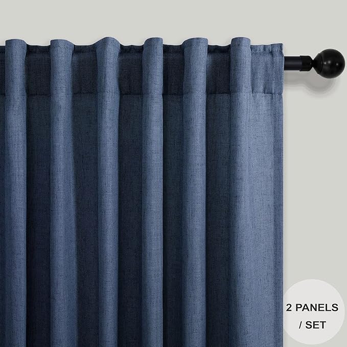 Pitalk 102 Inch Curtains Navy Blue Linen Drape for Bedroom 2 Panel Back Tab Loop Pocket Cotton Textured Semi Sheer Lightweight Dark Blue Indigo Curtain for Living Room Bay Window Nautical Decor 52x102