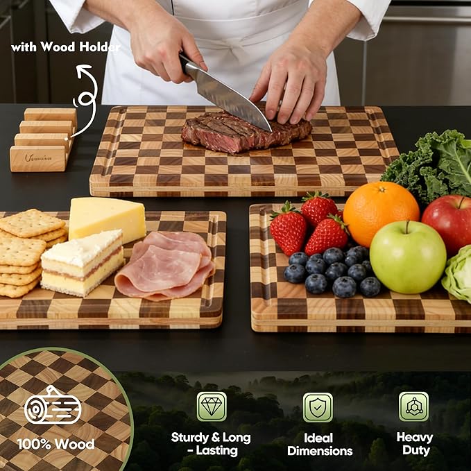 3 Pack Checkered Wood Cutting Board Set Cutting Boards for Kitchen Non Slip Acacia Wood Chopping Board with Juice Grooves & Handles Wooden Chopping Board Butcher Block End Grain